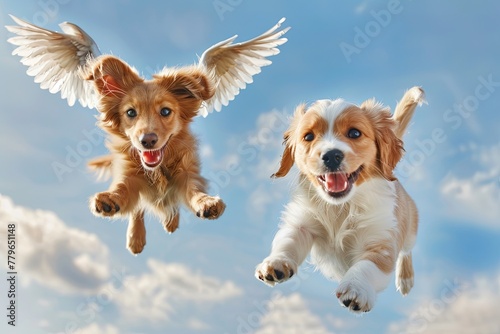 Two happy Canidae pups with wings happily soar in the sky photo