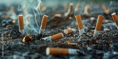 A pile of cigarette butts on the ground. The butts are scattered and some are still lit. Concept of carelessness and disregard for the environment photo