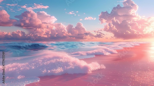 Digital pink beach sea illustration poster background photo