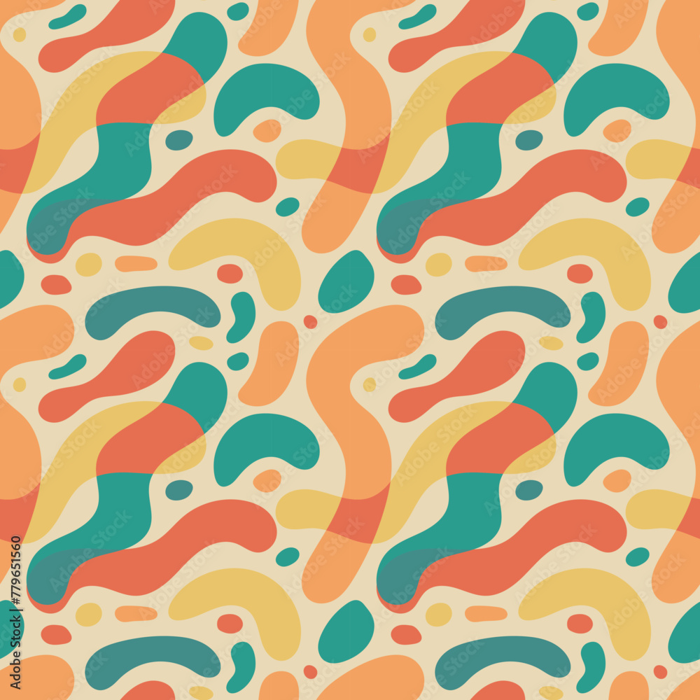 Vibrant, abstract seamless pattern with flowing shapes and colors
