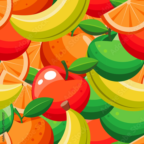A vibrant, seamless pattern of colorful fruit illustrations