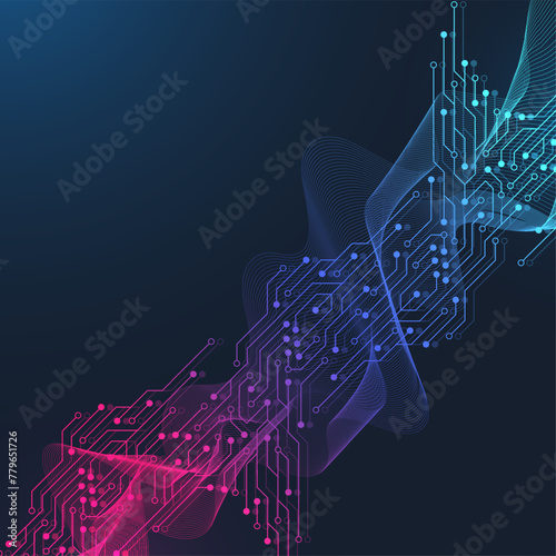 Abstract background with technology circuit board texture. Modern electronic motherboard texture. Engineering and communication concept for header, web banner, website, presentation.