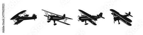 Aeroplane vector silhouette. Vinatge airplane set. Old aircraft illustration. photo