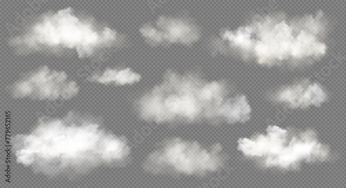 Realistic white cloud or fire smoke in the sky and vector weather element on transparent background. Chimney smoke, fog wave or cloud pattern with overlay effect. Cloud art or smoky air illustration.