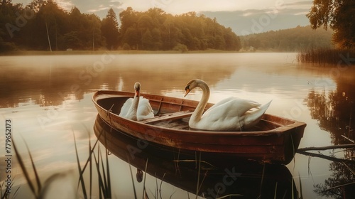 two swans sitting in the rowboat in the lake. 