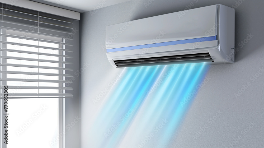 Modern Cooling Comfort. A sleek, white wall-mounted air conditioner emits cool air in a well-lit room with horizontal blinds. Wall split system Modern Cooling Comfort. A sleek, white wall-mounted air conditioner emits cool air in a well-lit room with horizontal blinds. Wall split system