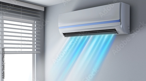 Modern Cooling Comfort. A sleek, white wall-mounted air conditioner emits cool air in a well-lit room with horizontal blinds. Wall split system