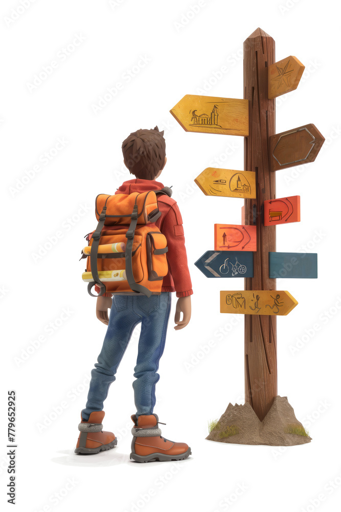 A man with a backpack, standing hesitantly at an crossroad. Isolated on a white background. A man with a backpack, standing hesitantly at an crossroad. Isolated on a white background.