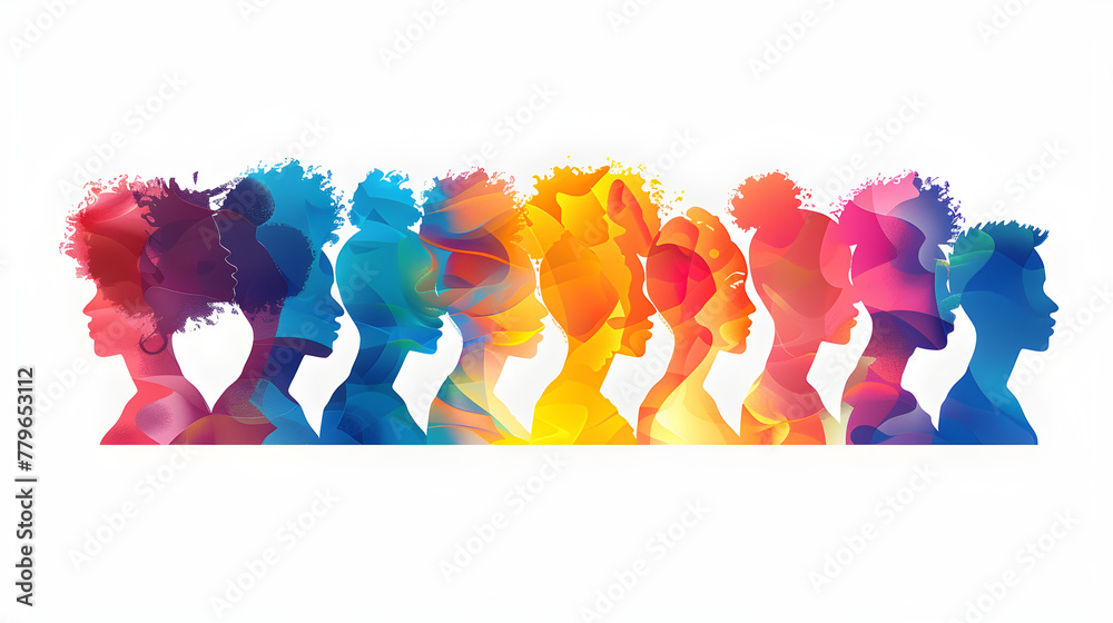 Banner for Minority Mental Health Awareness Month with colorful silhouette of minority people - obrazy, fototapety, plakaty 