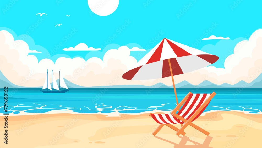Cartoon beach landscape with a chaise longue and an umbrella on the background of the ocean