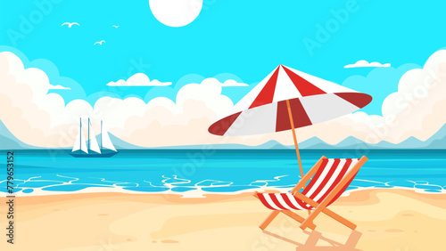Cartoon beach landscape with a chaise longue and an umbrella on the background of the ocean photo