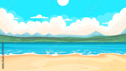 Tropical seascape of the beach with silhouettes of mountains in the background