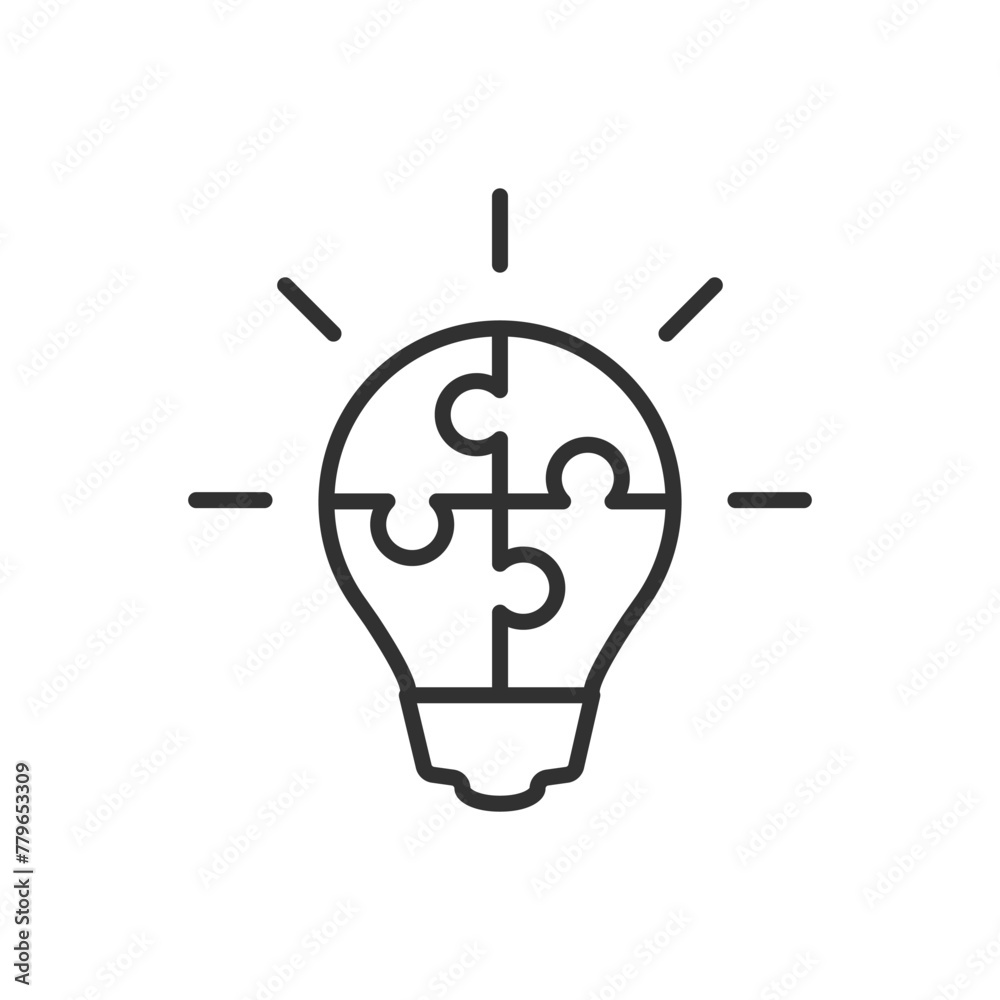 Components and idea formation, linear icon. A light bulb is made up of puzzles. Line with editable stroke Components and idea formation, linear icon. A light bulb is made up of puzzles. Line with editable stroke