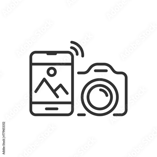 Camera control from your smartphone, linear icon. Image broadcasting. Line with editable stroke