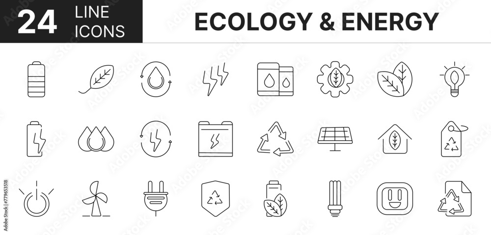 collection of 24 ecology & energy line icons featuring editable strokes. These outline icons depict various modes of ecology & energy, sustainable, battery, ray, line,