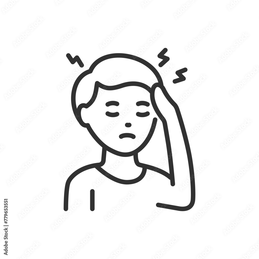 Headache, migraine, linear icon. Person holding head. Line with editable stroke Headache, migraine, linear icon. Person holding head. Line with editable stroke