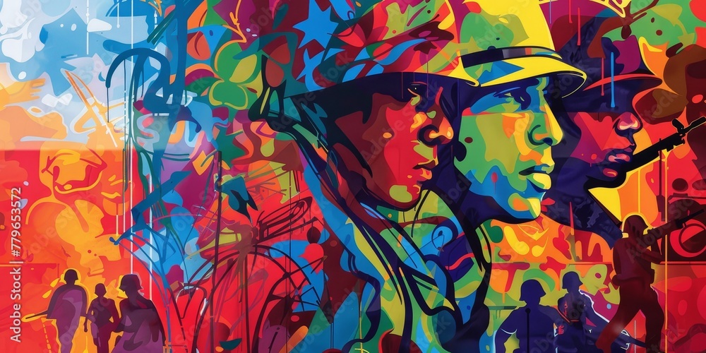 A colorful painting of soldiers with a man in the middle wearing a helmet. The painting is a representation of the military and the idea behind it is to show the strength and unity of the soldiers