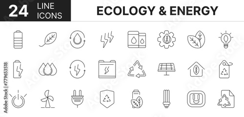 collection of 24 ecology & energy line icons featuring editable strokes. These outline icons depict various modes of ecology & energy, sustainable, battery, ray, line,