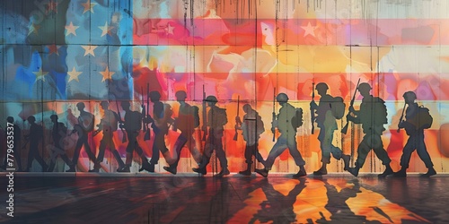 A group of soldiers are walking in front of a wall with the American flag. The soldiers are wearing camouflage and carrying backpacks