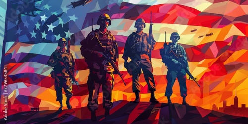 A group of soldiers stand in front of the American flag. The soldiers are wearing camouflage and holding guns. The flag is red, white, and blue. The soldiers are standing in a row