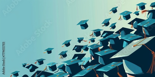 A blue sky with many graduation caps floating in it. The caps are all different sizes and are scattered throughout the sky