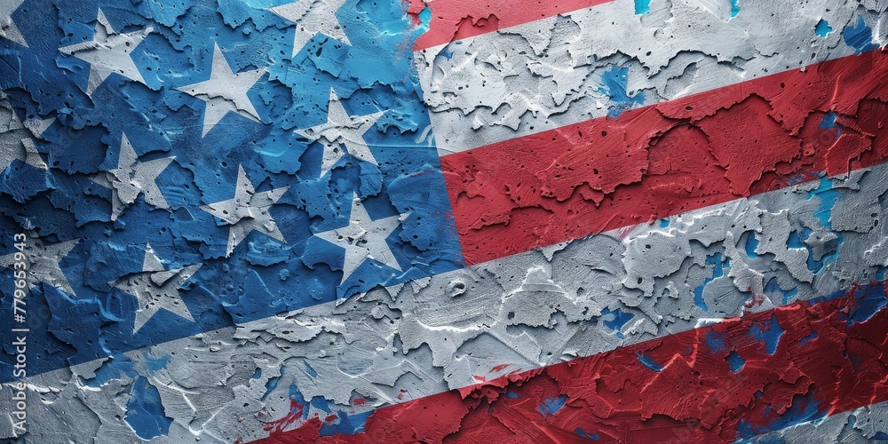 A flag with stars and stripes is painted on a wall. The flag is a representation of the United States of America A flag with stars and stripes is painted on a wall. The flag is a representation of the United States of America
