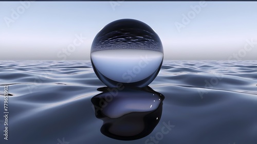 Ethereal Elevation: Sleek 3D Sphere Hovering Above a Reflective Surface, minimal background, hand edited generative AI