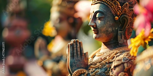 A statue of a person with their hands together in a prayer position. The statue is surrounded by flowers and other statues photo
