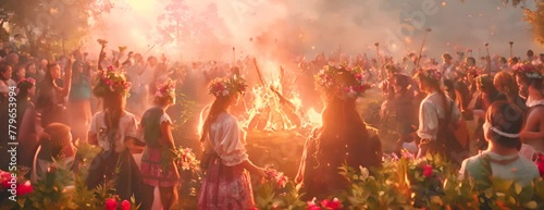 Midsummer festival in Sweden: people gather around bonfires to celebrate the longest day of the year with singing, dancing, and floral crowns. Art illustration. 4K Video photo