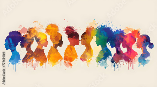 A design banner for minority mental health awareness month featuring colorful silhouettes of minority people, promoting diversity and mental well-being support. photo