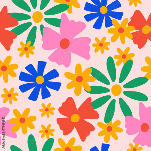 Seamless pattern with colorful groovy daisy flowers on a pastel background. Vector illustration. 