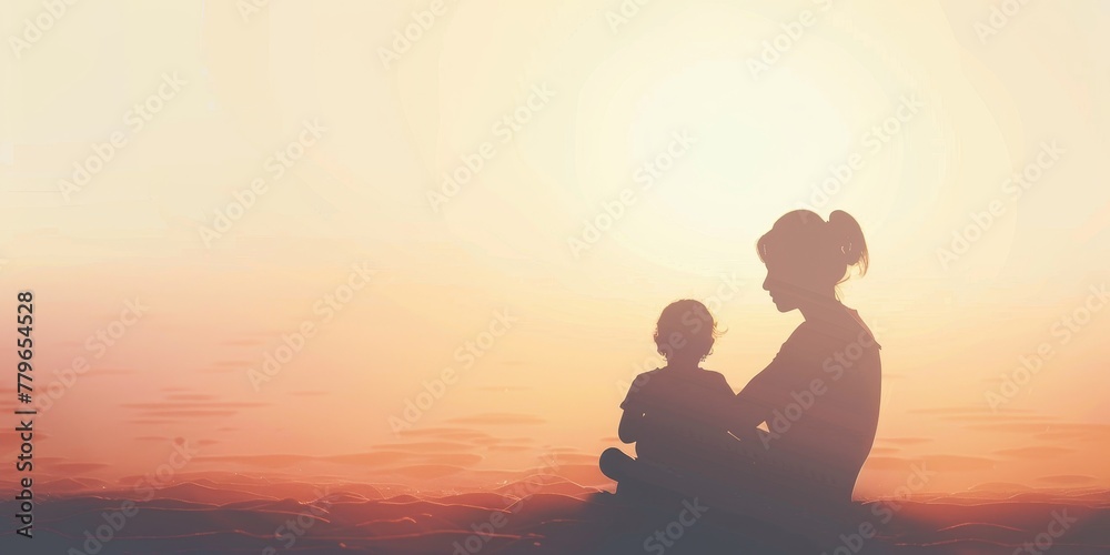 A woman and a child are sitting on a hillside at sunset. The woman is holding the child, and they both seem to be enjoying the beautiful view. Concept of warmth, love, and togetherness