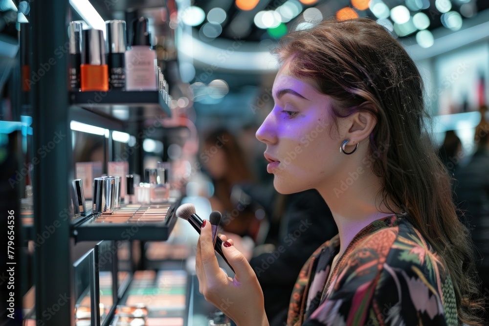 Woman browsing makeup products on shelf in cosmetics store with glowing eyes in dark environment - obrazy, fototapety, plakaty 