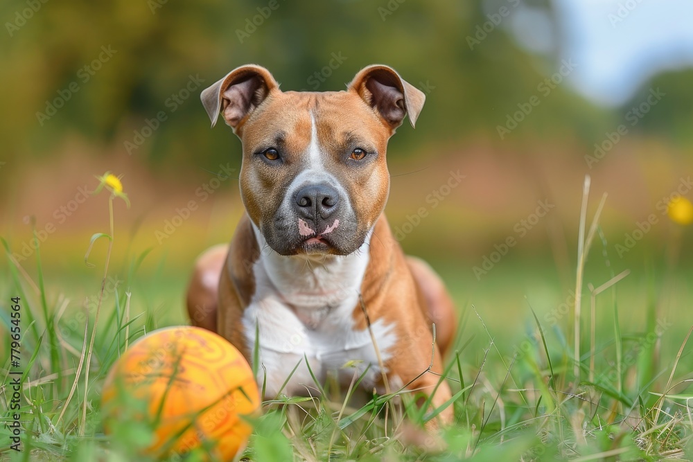 Staffordshire Terrier playing with ball