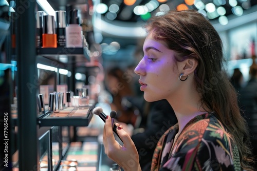 Woman browsing makeup products on shelf in cosmetics store with glowing eyes in dark environment