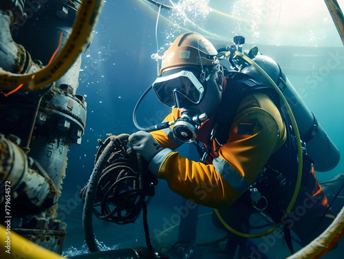 Male underwater construction diver using heavy equipment to install a tidal energy turbine