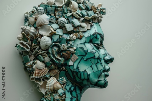 Sculpture of a woman's head made out of seashells and broken glass on a white background