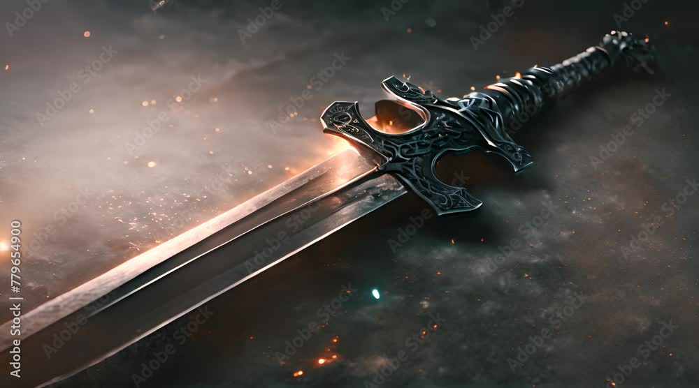 Magical metal sword in the ground with sparks mysterious and magical photo of silver sword with fire flames over Gothic snowy black background Medieval period concept Strong glowing sword fantasy