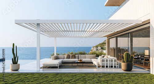 white outdoor, modern and minimalist pavilion with white slats, on the lawn overlooking sea view, sofa set under it, cacti in pots near to seating area