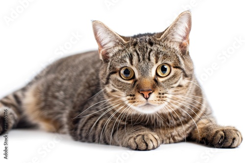 Tabby cat portrait on white background