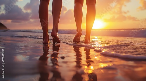 Closeup of a couple, feet walking at a beach at sunset, with a wave's edge beneath them
