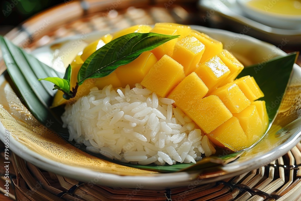 Thai dessert of mango served with sticky rice Thai dessert of mango served with sticky rice