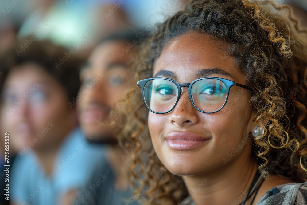 A young woman with curly hair and glasses looks away thoughtfully in a crowded setting A young woman with curly hair and glasses looks away thoughtfully in a crowded setting