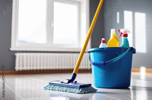 Floor mop and bucket for washing in room.  Close up of cleaning products and tools. Copy space for text or advertisement