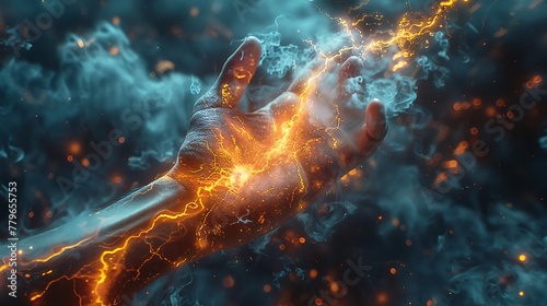 Hand holding lightning thunderbolt, energy and power, black smokey cloudy sky background photo