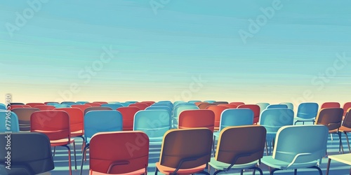 A row of chairs are arranged in a row, with some of them being blue and some of them being red. The chairs are empty, and the scene is set against a blue sky