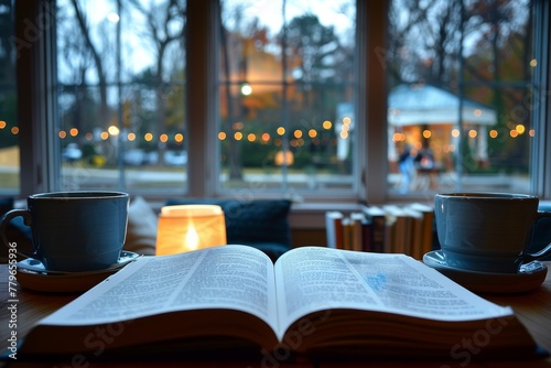 An inviting scene with two steaming cups of coffee beside an open book, set against the backdrop of a cozy café window