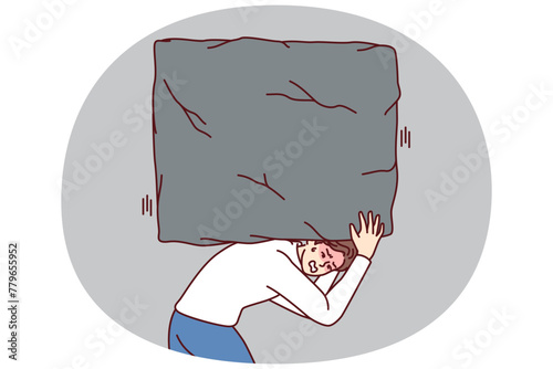 Suffering man carries heavy stone on back, symbolizing heavy tax burden and overly ambitious task. Concept of solving business problems and complexity of working as manager in large corporation