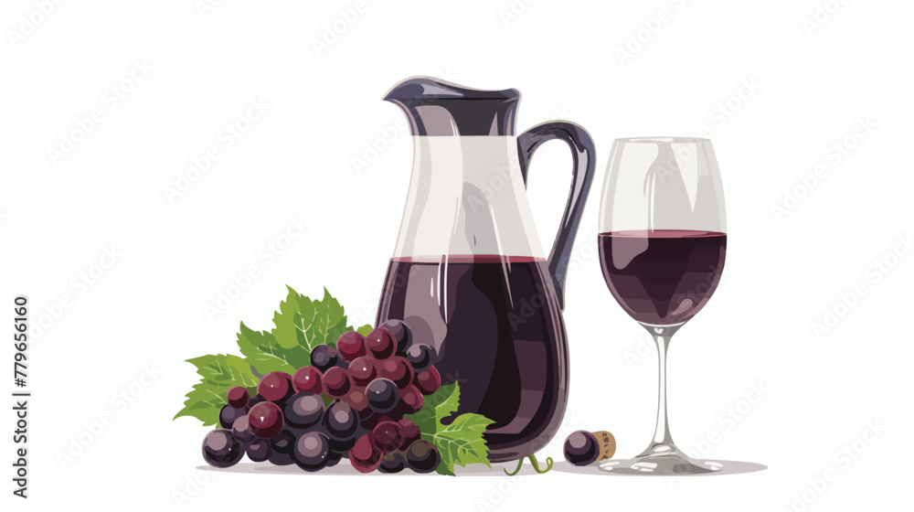 Jug of wine bunch of grape and wineglass flat vector