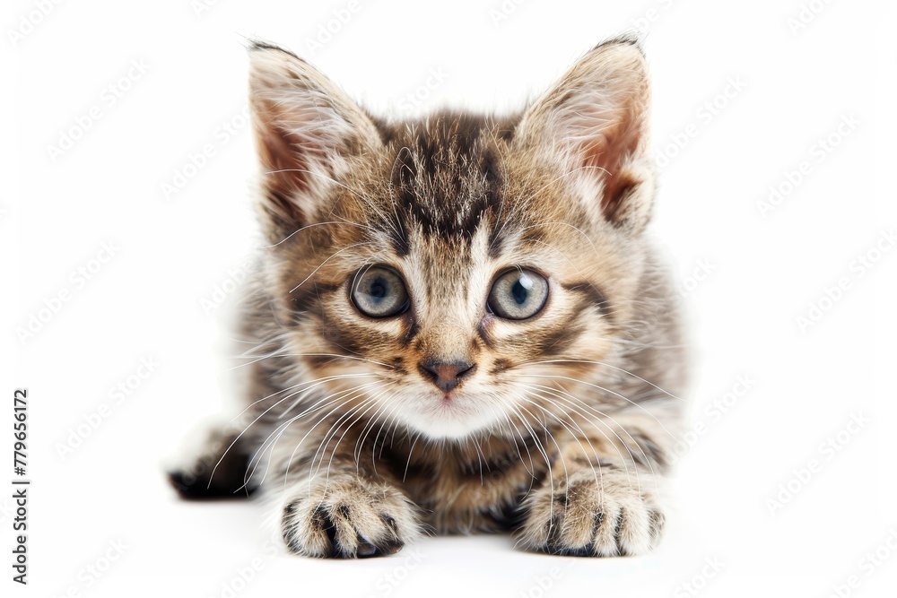 Tiny adorable cat alone on white background